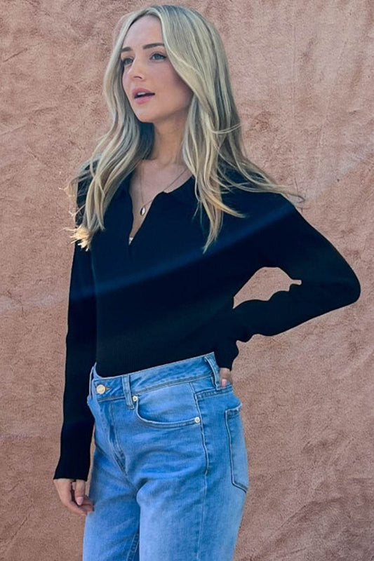 And The Why Full Size Johnny Collar Long Sleeve Ribbed Bodysuit - Shop Style & More | Fresh Looks, Everyday Deals & Free Shipping