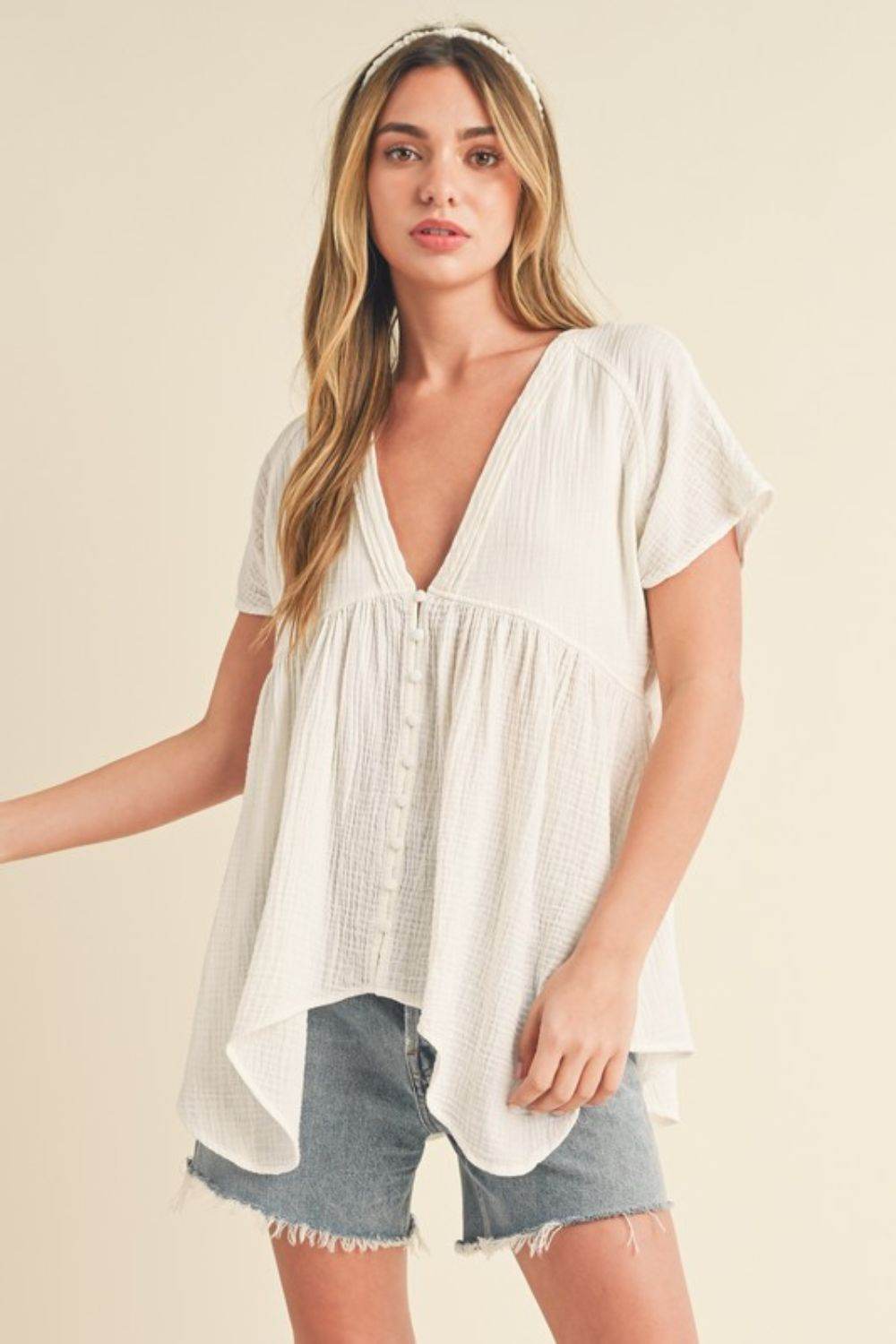 Aemi + Co Tuck Detail V-Neck Short Sleeve Blouse - Shop Style & More | Fresh Looks, Everyday Deals & Free Shipping