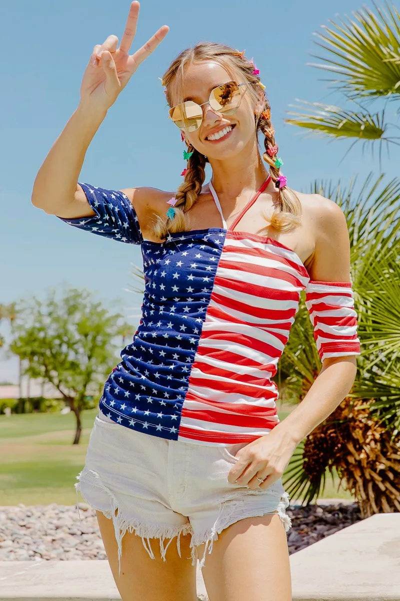 BiBi American Flag Off Shoulder With Front Ruched Top - Shop Style & More | Fresh Looks, Everyday Deals & Free Shipping