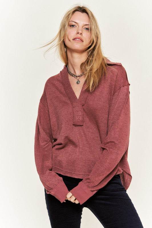 Deep V-neck Collared Long sleeve Knit Top JJT1024 - Shop Style & More | Fresh Looks, Everyday Deals & Free Shipping
