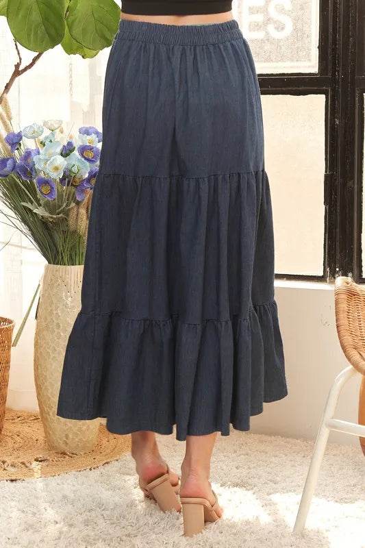 ADORA Waist Band Tiered Denim Maxi Skirt - Shop Style & More | Fresh Looks, Everyday Deals & Free Shipping