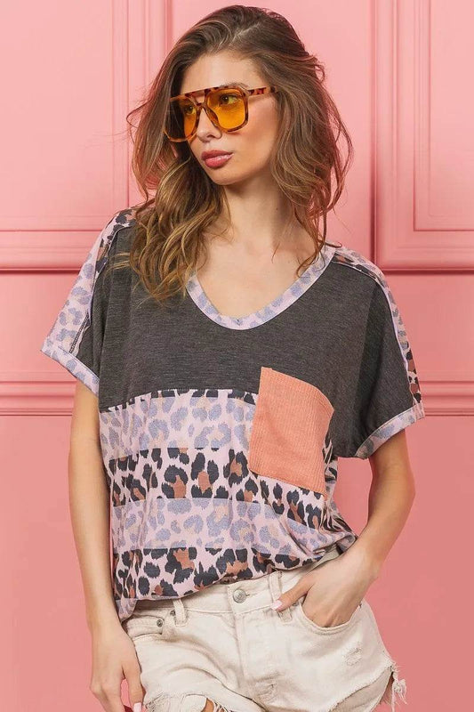 BiBi Leopard Stripe with Slub Terry Color Block T-Shirt - Shop Style & More | Fresh Looks, Everyday Deals & Free Shipping