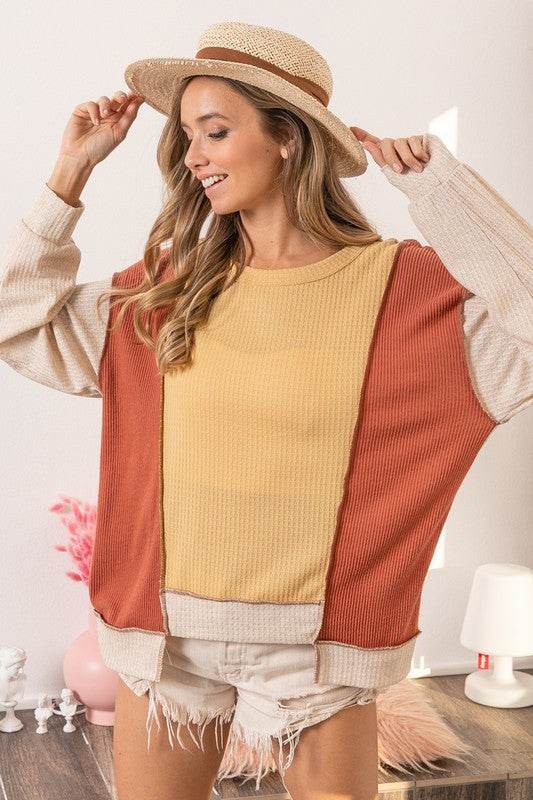 BiBi Waffle-Knit Exposed Seam Color Block Uneven Hem Top - Shop Style & More | Fresh Looks, Everyday Deals & Free Shipping