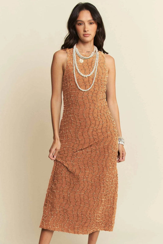 Davi & Dani Golden Textured Zippered Midi Dress - Shop Style & More | Fresh Looks, Everyday Deals & Free Shipping