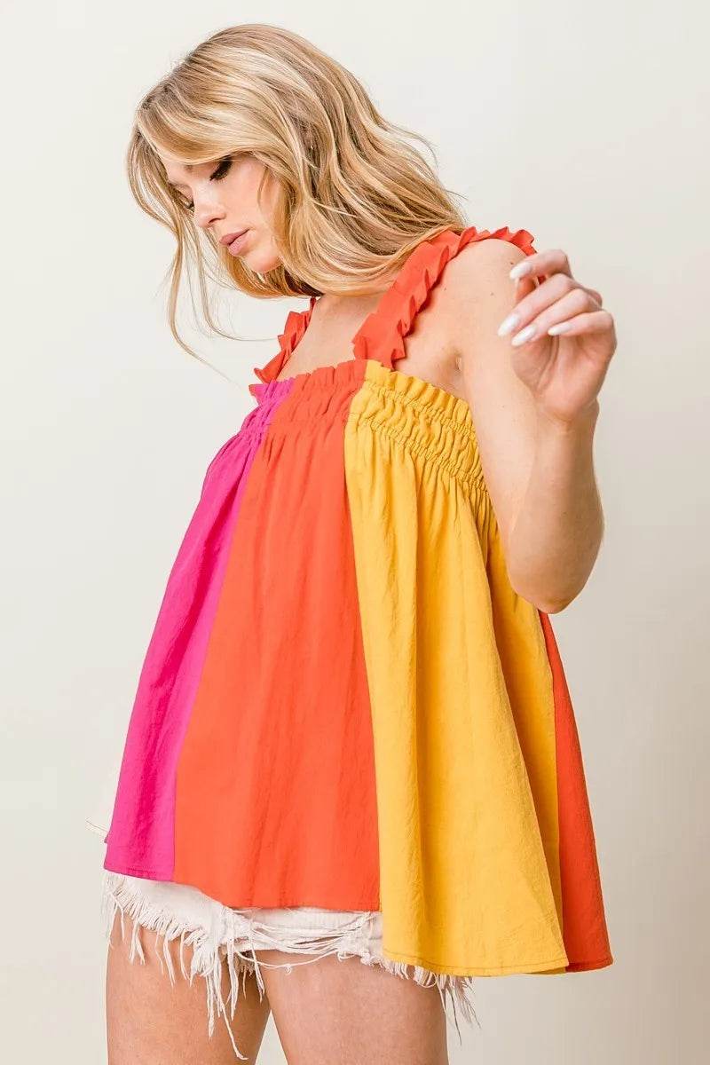 BiBi Frill Shoulder Strap Color Block Bodice Top - Shop Style & More | Fresh Looks, Everyday Deals & Free Shipping