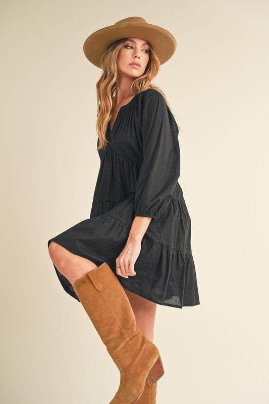 Aemi + Co Notched Balloon Sleeve Tiered Mini Dress - Shop Style & More | Fresh Looks, Everyday Deals & Free Shipping