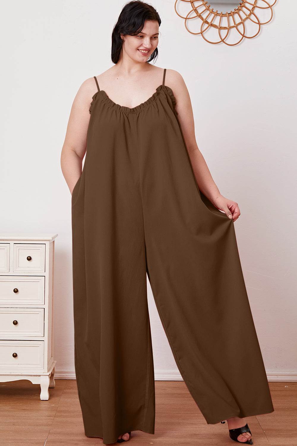 Double Take Full Size Ruffle Trim Tie Back Cami Jumpsuit with Pockets - Shop Style & More | Fresh Looks, Everyday Deals & Free Shipping