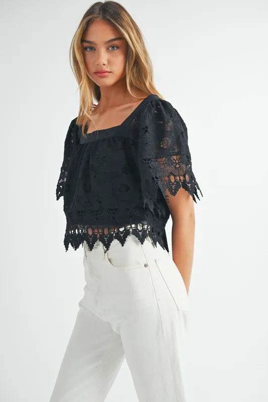 MABLE Square Neck Crochet Lace Top With Double Bow Tie - Shop Style & More | Fresh Looks, Everyday Deals & Free Shipping
