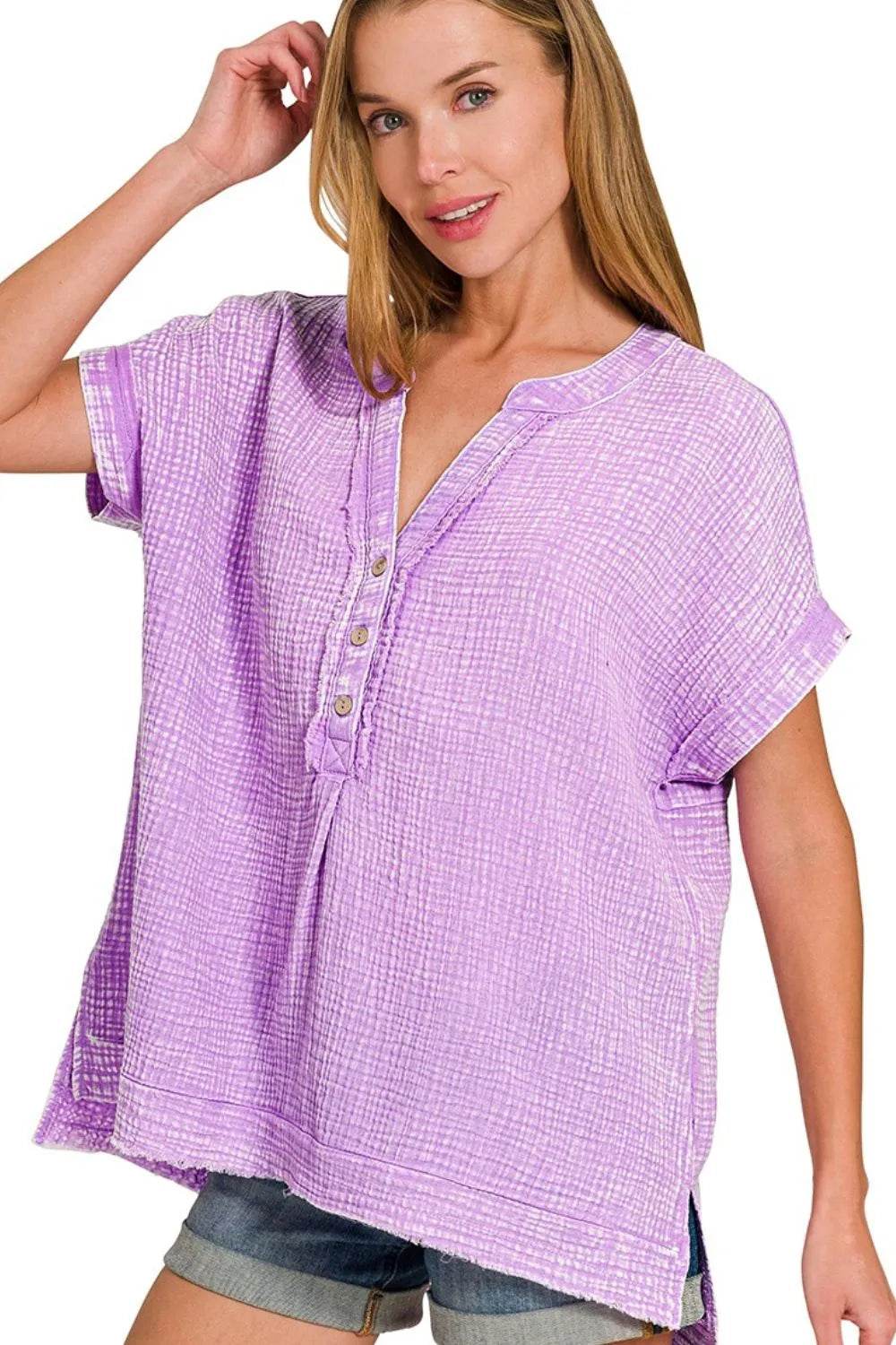 Zenana Washed Double Gauze 3/4 Button Henley Neck Shirt - Shop Style & More | Fresh Looks, Everyday Deals & Free Shipping
