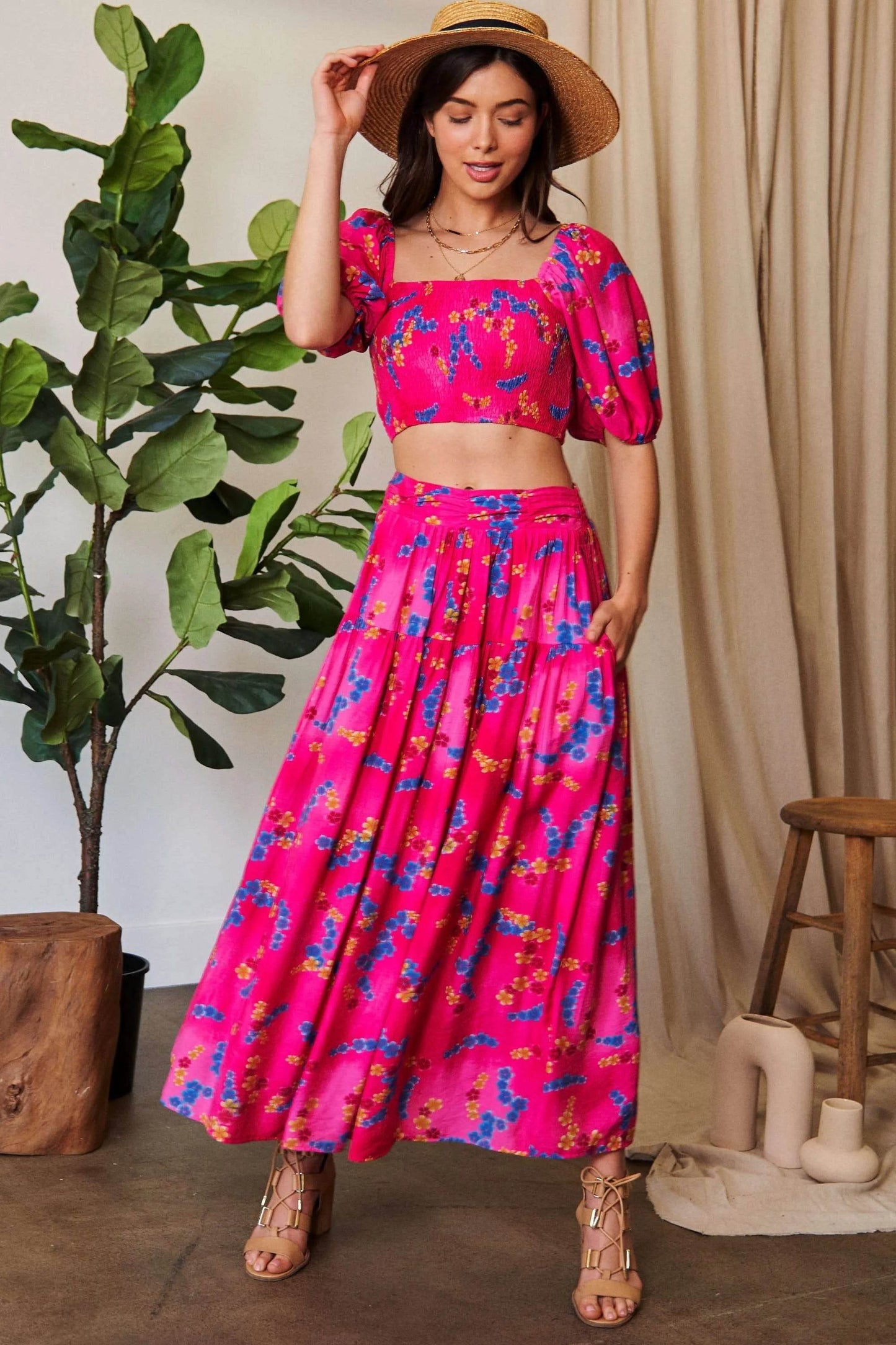 Davi & Dani Smocing Bodice Puff Short Sleeve Printed Crop Top - Shop Style & More | Fresh Looks, Everyday Deals & Free Shipping