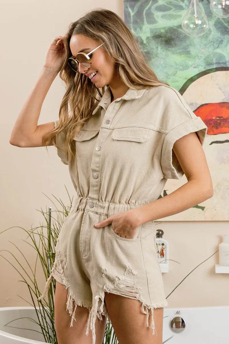 BiBi Distressed Detail Washed Elastic Waistband Romper - Shop Style & More | Fresh Looks, Everyday Deals & Free Shipping