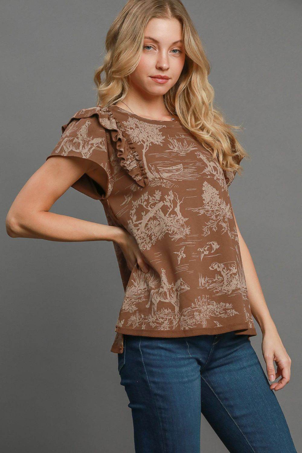 Umgee Ruffled Landscape Print Short Sleeve French Terry Top - Shop Style & More | Fresh Looks, Everyday Deals & Free Shipping