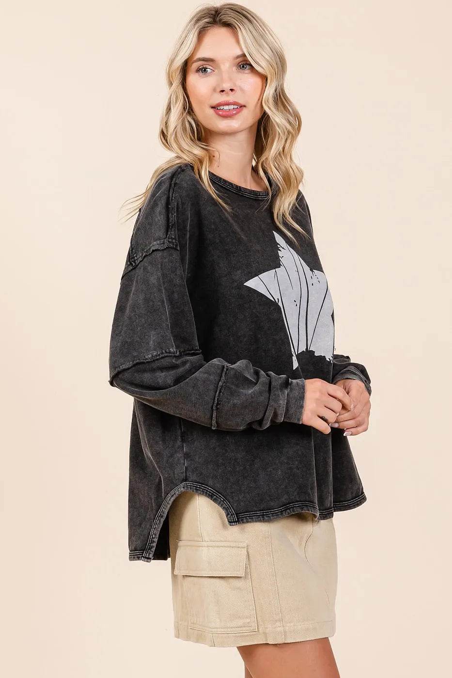 Mittoshop Star Graphic Mineral Wash Long Sleeve Top - Shop Style & More | Fresh Looks, Everyday Deals & Free Shipping