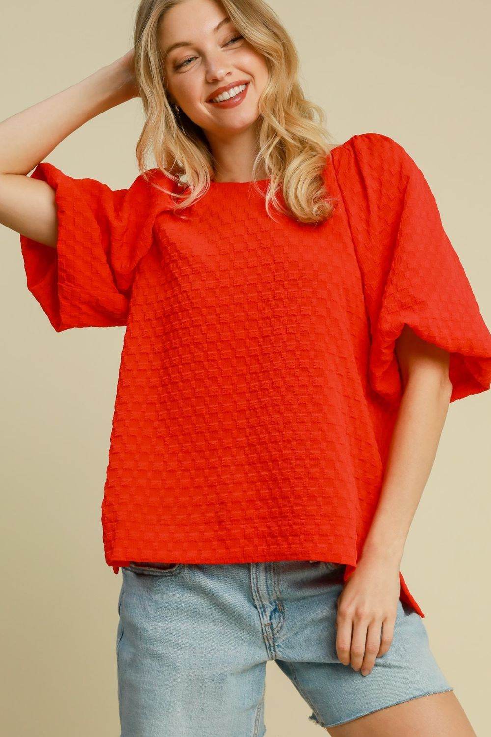 Umgee Full Size Boxy Cut Jacquard Round Neck Top with Side Slit Plus Size - Shop Style & More | Fresh Looks, Everyday Deals & Free Shipping