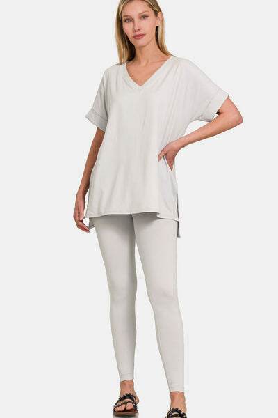 Zenana V-Neck Rolled Short Sleeve T-Shirt and Leggings Lounge Set - Shop Style & More | Fresh Looks, Everyday Deals & Free Shipping