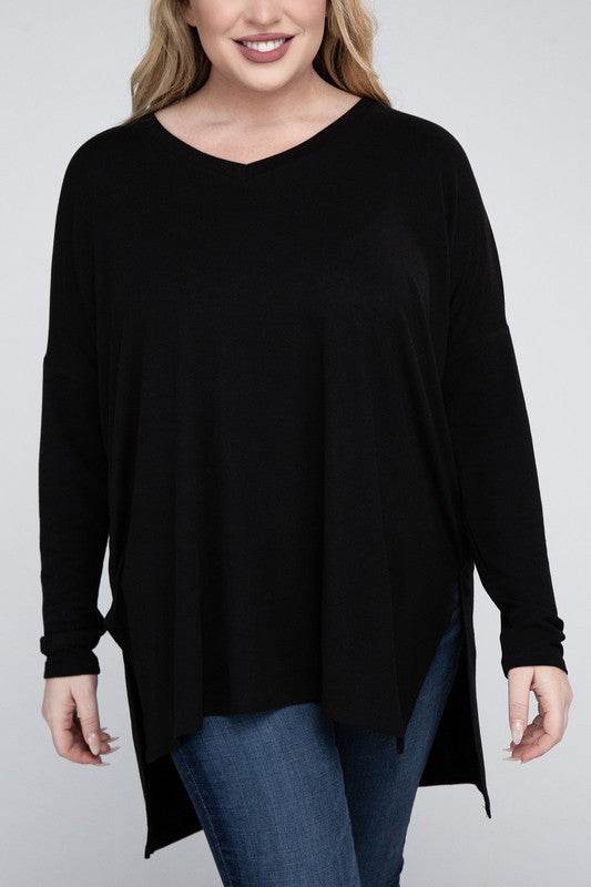 Plus Dolman Sleeve V-Neck Side Slit Hi-Low Hem Top - Shop Style & More | Fresh Looks, Everyday Deals & Free Shipping