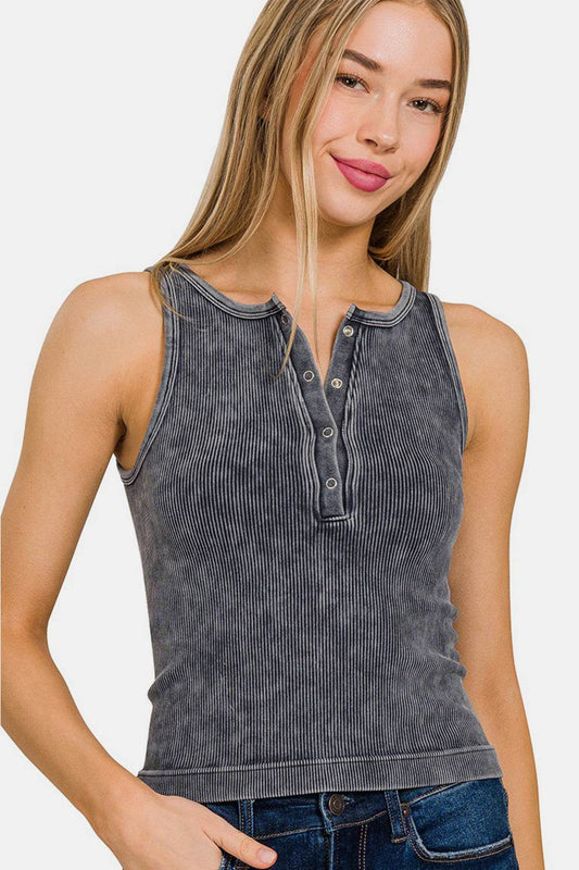 Zenana Washed Ribbed Half Snap Seamless Tank - Shop Style & More | Fresh Looks, Everyday Deals & Free Shipping