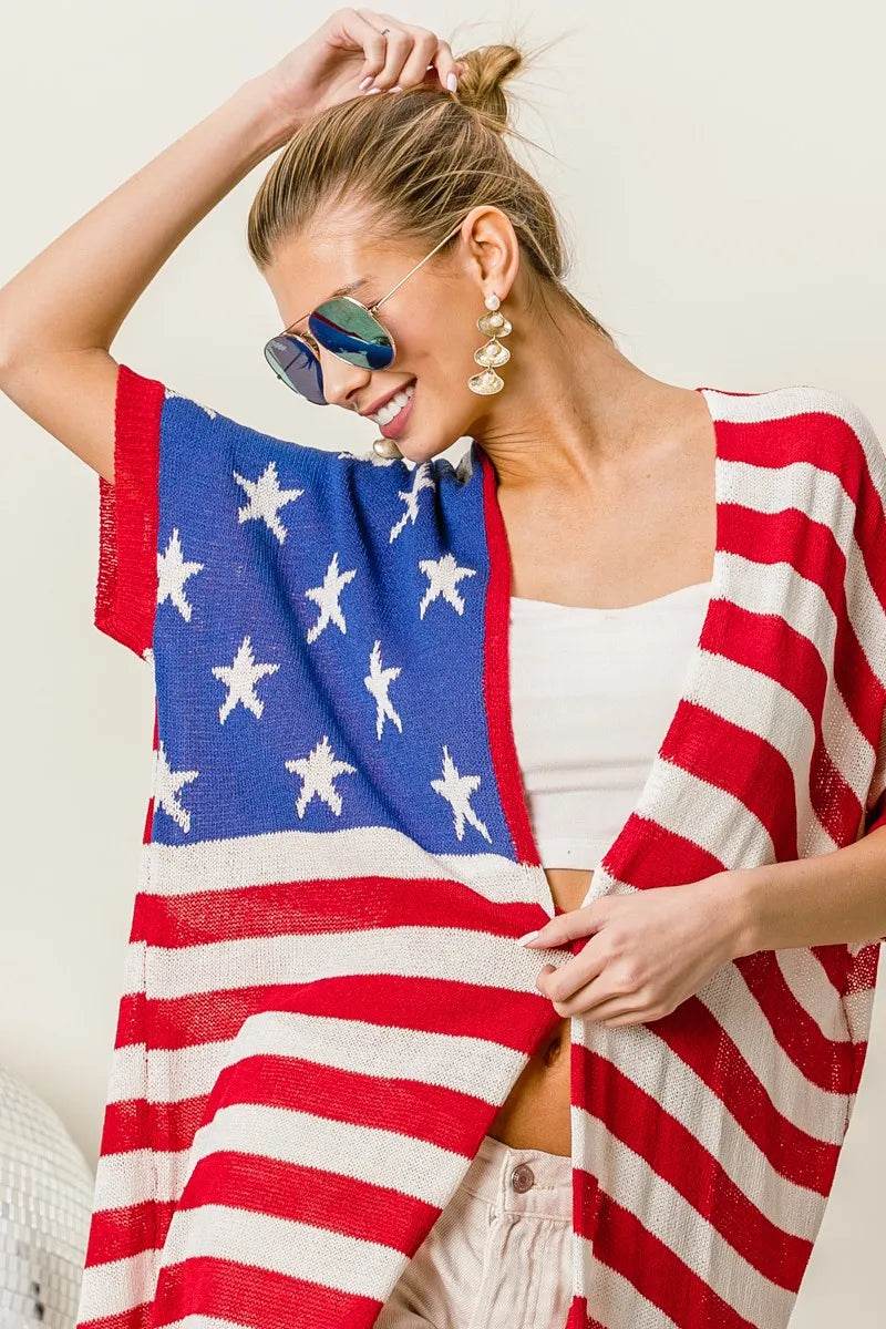 BiBi American Flag Low Gauge Knit Cardigan - Shop Style & More | Fresh Looks, Everyday Deals & Free Shipping