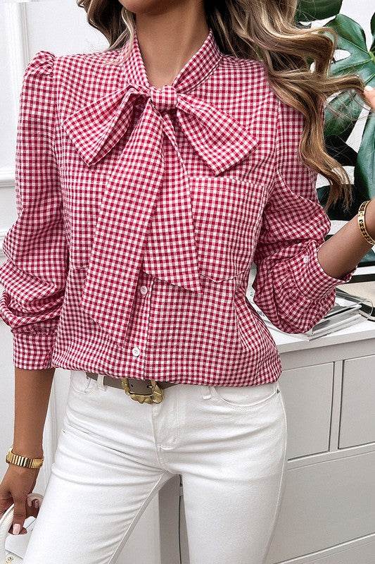 Plaid Puff Sleeves Loose Button Trim Knot Blouse - Shop Style & More | Fresh Looks, Everyday Deals & Free Shipping