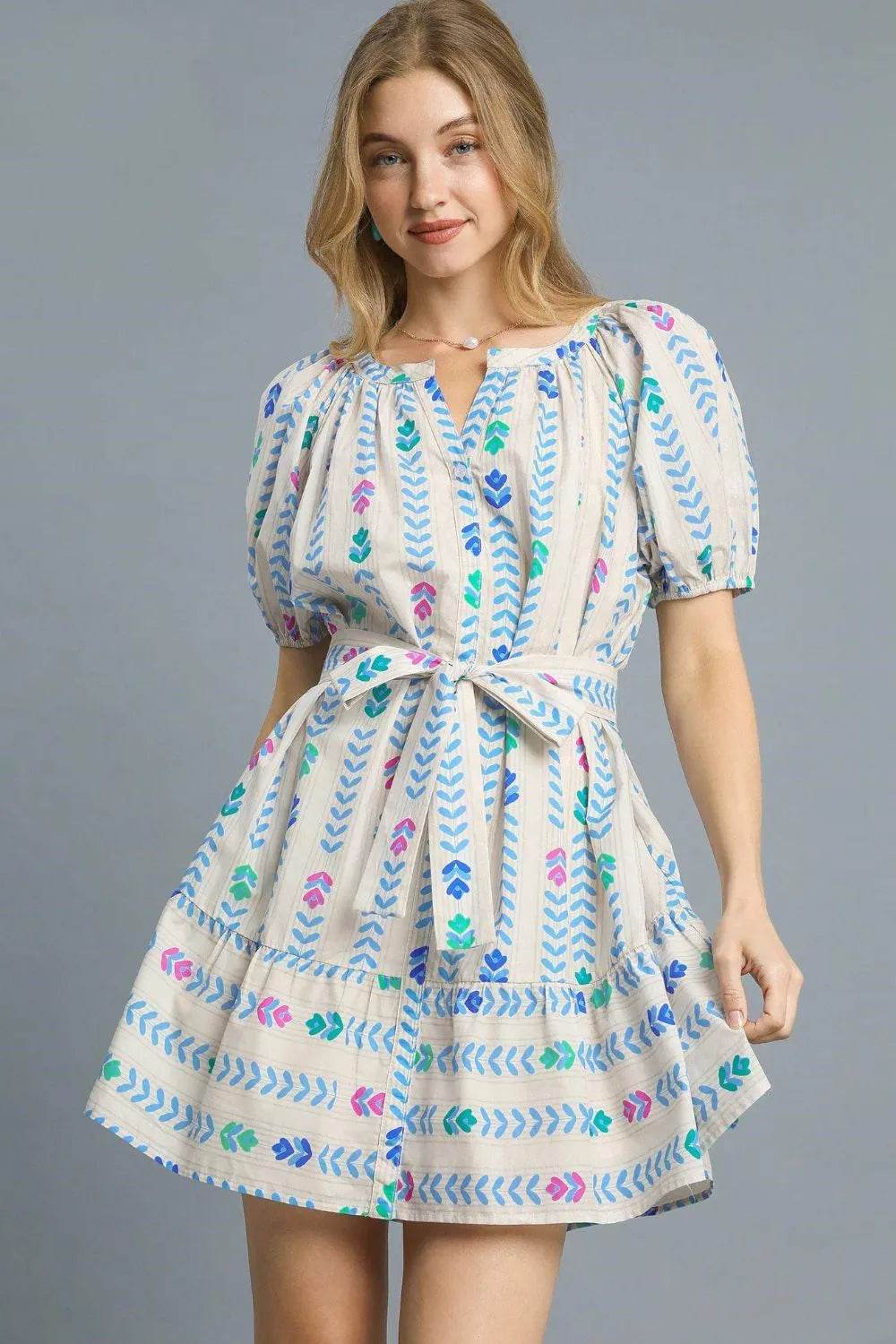 Umgee Printed Tie Waist Puff Short Sleeve Mini Dress - Shop Style & More | Fresh Looks, Everyday Deals & Free Shipping