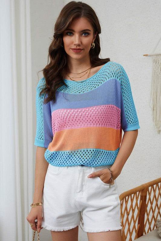 April Knitted Eyelet Colorblock Striped Half Sleev - Shop Style & More | Fresh Looks, Everyday Deals & Free Shipping