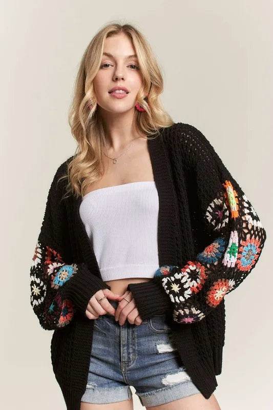 ADORA Full Size Contrast Crochet Open Front Long Sleeve Cardigan Plus Size - Shop Style & More | Fresh Looks, Everyday Deals & Free Shipping
