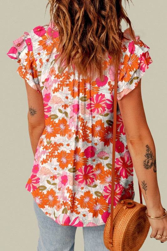 Joy Split V Neck Ruffle Sleeve Floral Blouse - Shop Style & More | Fresh Looks, Everyday Deals & Free Shipping