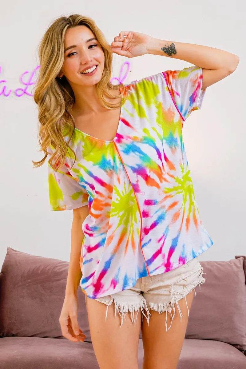 BiBi Tie Dye Print Jersey Stitched V Neck Top - Shop Style & More | Fresh Looks, Everyday Deals & Free Shipping