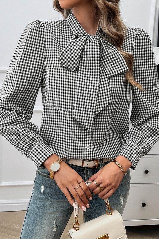 Plaid Puff Sleeves Loose Button Trim Knot Blouse - Shop Style & More | Fresh Looks, Everyday Deals & Free Shipping