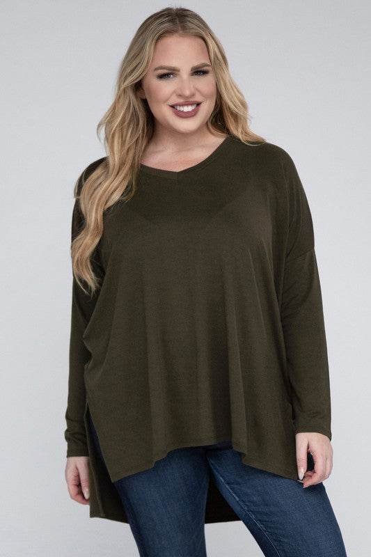 Plus Dolman Sleeve V-Neck Side Slit Hi-Low Hem Top - Shop Style & More | Fresh Looks, Everyday Deals & Free Shipping
