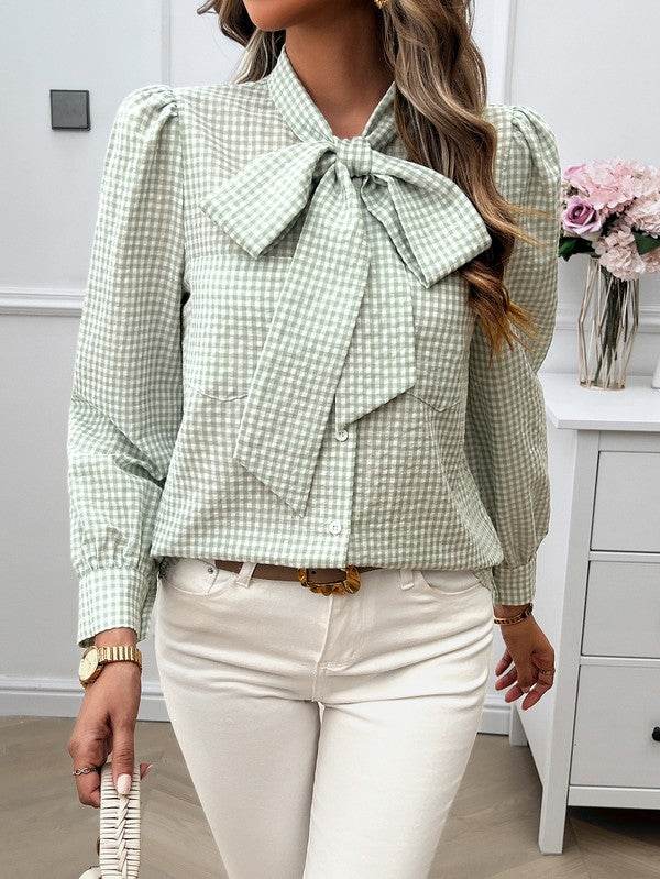 Plaid Puff Sleeves Loose Button Trim Knot Blouse - Shop Style & More | Fresh Looks, Everyday Deals & Free Shipping