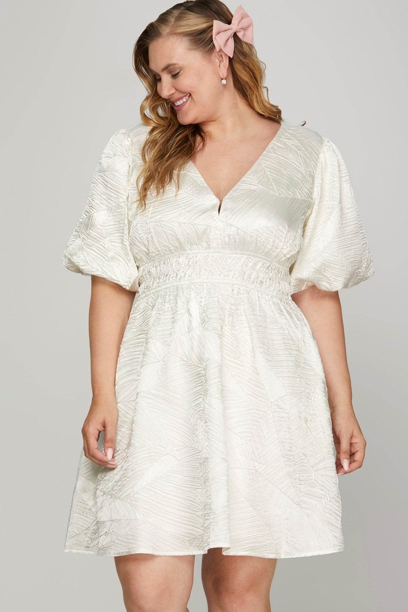 She + Sky Crinkle Woven V-Neck Balloon Sleeve Mini Dress - Shop Style & More | Fresh Looks, Everyday Deals & Free Shipping