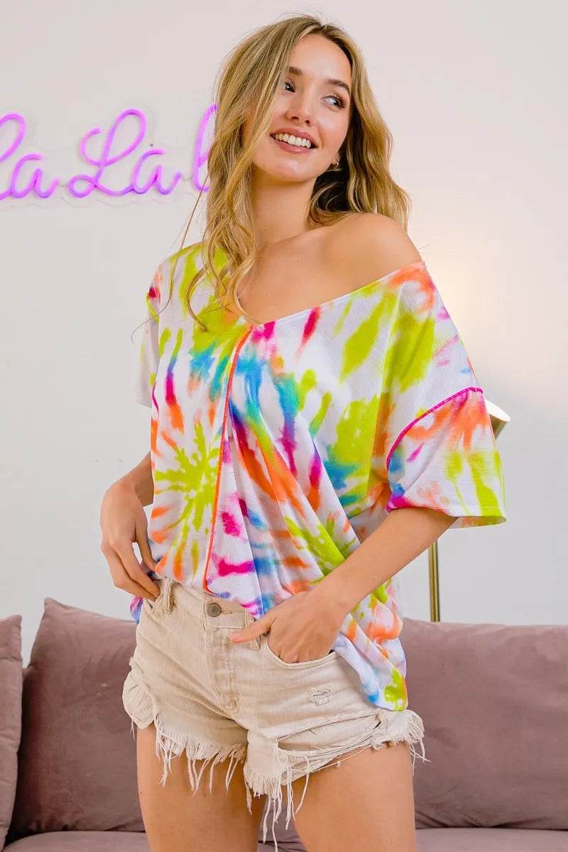 BiBi Tie Dye Print Jersey Stitched V Neck Top - Shop Style & More | Fresh Looks, Everyday Deals & Free Shipping