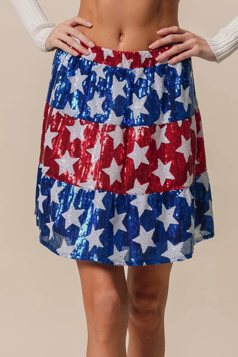 BiBi American Flag Theme Star Sequin Tiered Skirt - Shop Style & More | Fresh Looks, Everyday Deals & Free Shipping