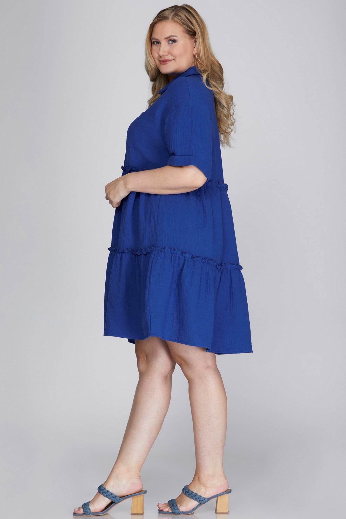 She + Sky Full Size Button Front Frill Tiered Mini Dress Plus Size - Shop Style & More | Fresh Looks, Everyday Deals & Free Shipping