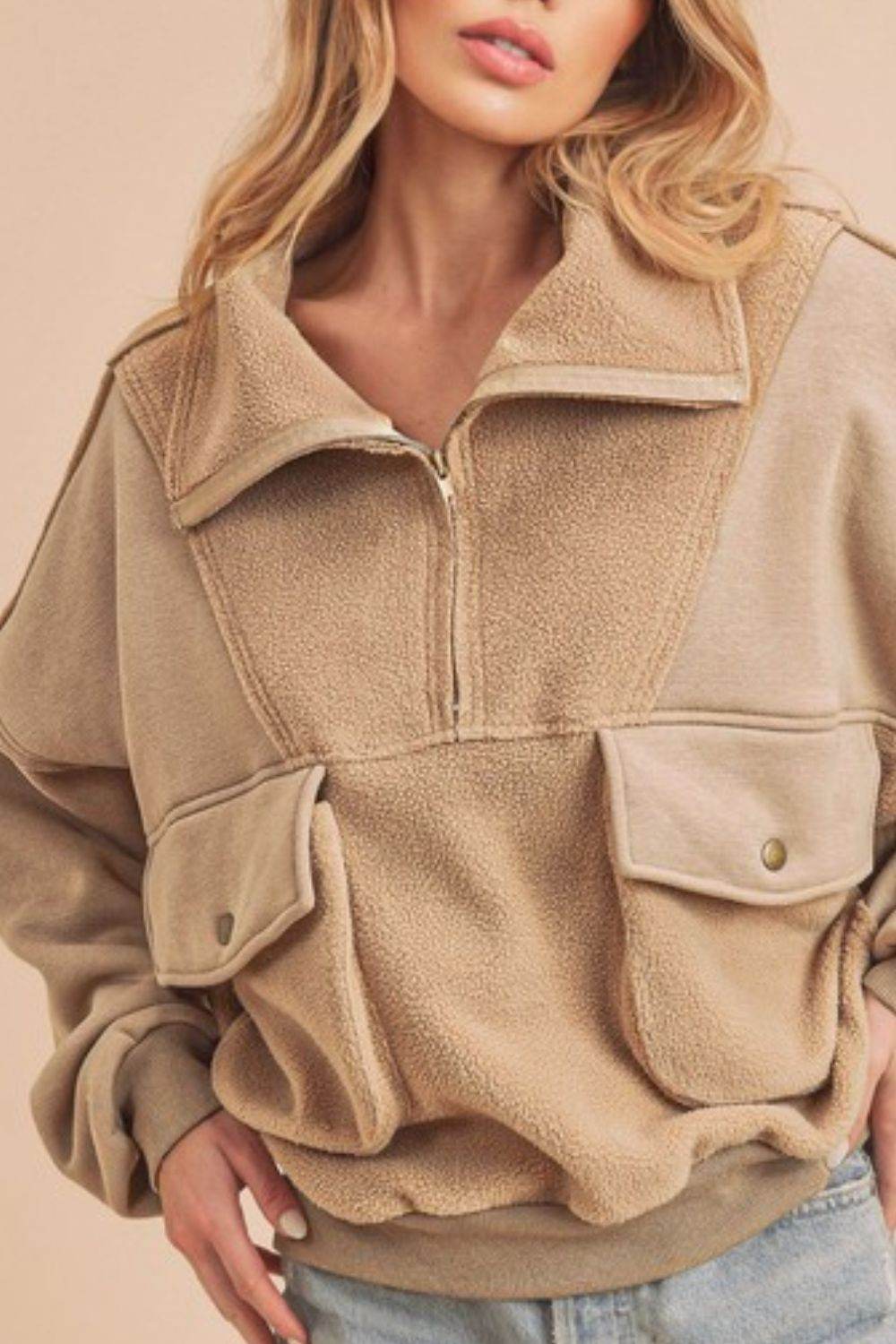 Aemi + Co Exposed Seam Half Zip Sweatshirt with Pockets - Shop Style & More | Fresh Looks, Everyday Deals & Free Shipping