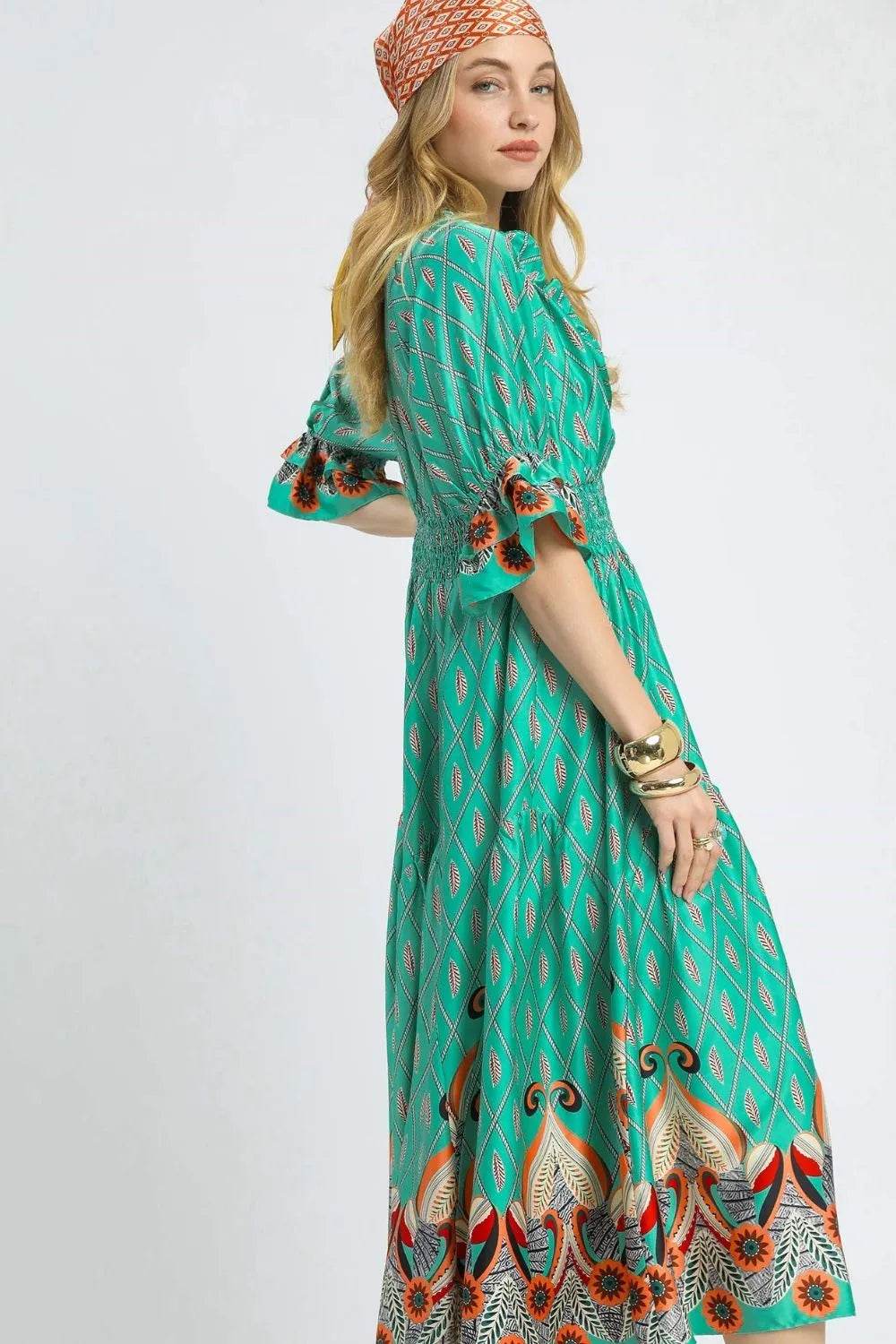 Umgee Printed Smocked Waist Flounce Sleeve Midi Dress - Shop Style & More | Fresh Looks, Everyday Deals & Free Shipping