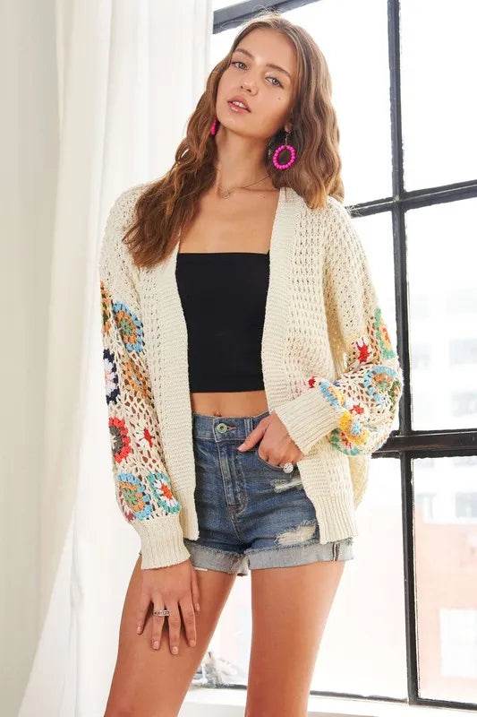 ADORA Full Size Contrast Crochet Open Front Long Sleeve Cardigan - Shop Style & More | Fresh Looks, Everyday Deals & Free Shipping