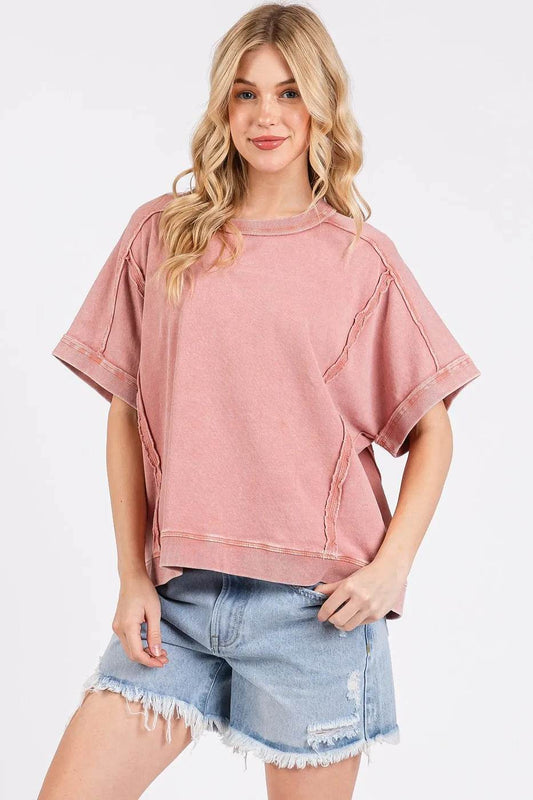 Mittoshop Mineral Wash French Terry Crew Neck Casual Top - Shop Style & More | Fresh Looks, Everyday Deals & Free Shipping