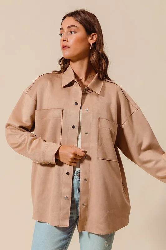 SO ME Faux Sued Snap Shacket with Collar and Pockets - Shop Style & More | Fresh Looks, Everyday Deals & Free Shipping