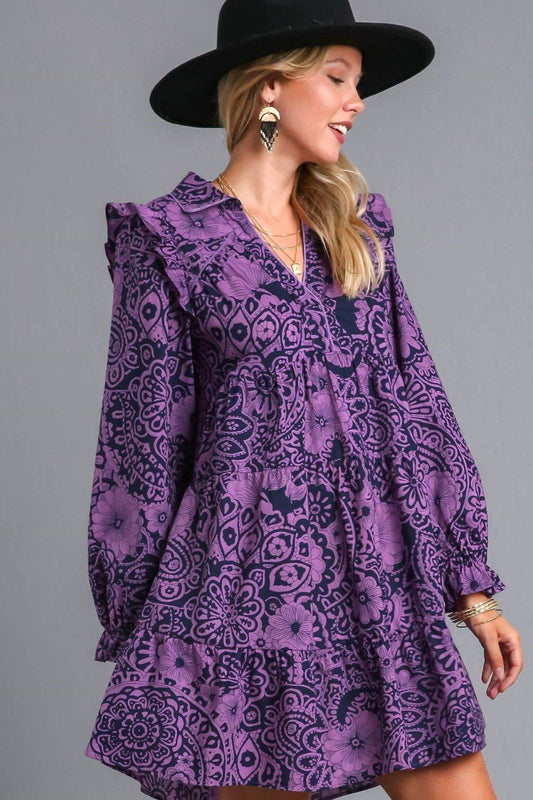Umgee Full Size Ruffled Printed Piping Detail Long Sleeve Dress Plus Size - Shop Style & More | Fresh Looks, Everyday Deals & Free Shipping