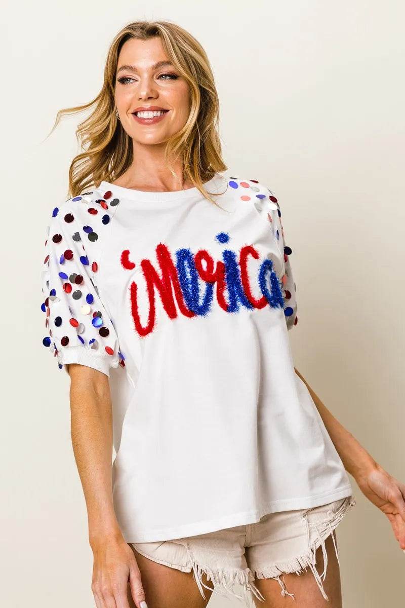 BiBi Metallic Letter Spangle Raglan Puff Sleeve Top - Shop Style & More | Fresh Looks, Everyday Deals & Free Shipping