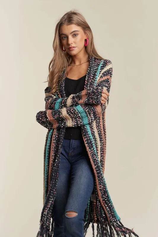 ADORA Multi Colour Sweater Long Cardigan with Fringes - Shop Style & More | Fresh Looks, Everyday Deals & Free Shipping