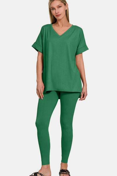 Zenana Full Size V-Neck Rolled Short Sleeve T-Shirt and Leggings Lounge Set - Shop Style & More | Fresh Looks, Everyday Deals & Free Shipping