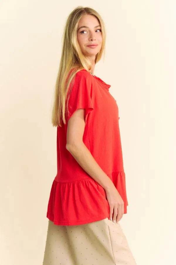 Davi & Dani Solid Lace Trim Neck Short Sleeve Peplum Top - Shop Style & More | Fresh Looks, Everyday Deals & Free Shipping