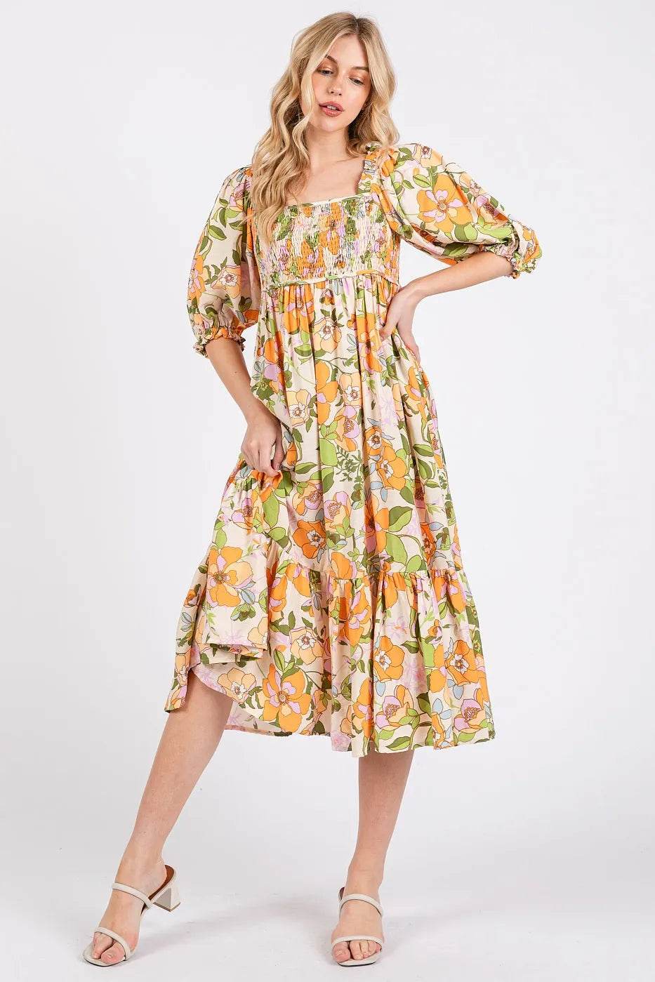 Mittoshop Flower Print Puff Sleeve Ruffle Smocked Midi Dress - Shop Style & More | Fresh Looks, Everyday Deals & Free Shipping