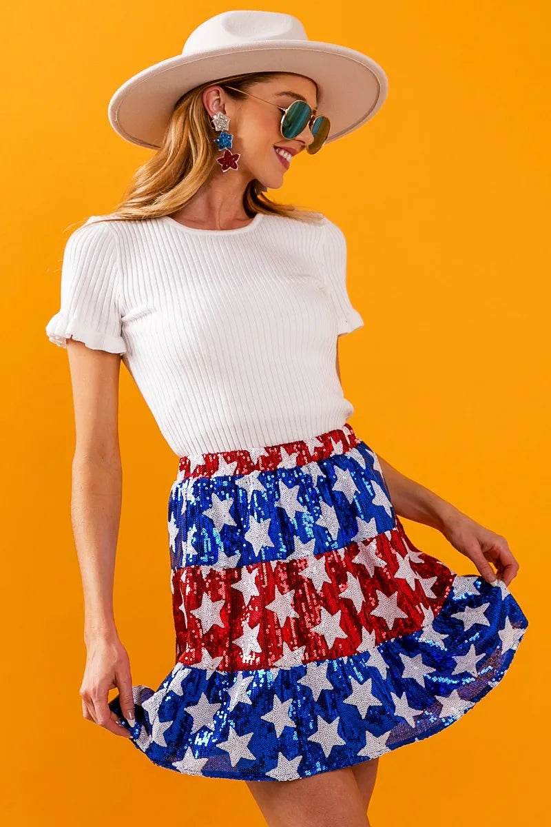 BiBi American Flag Theme Star Sequin Tiered Skirt - Shop Style & More | Fresh Looks, Everyday Deals & Free Shipping