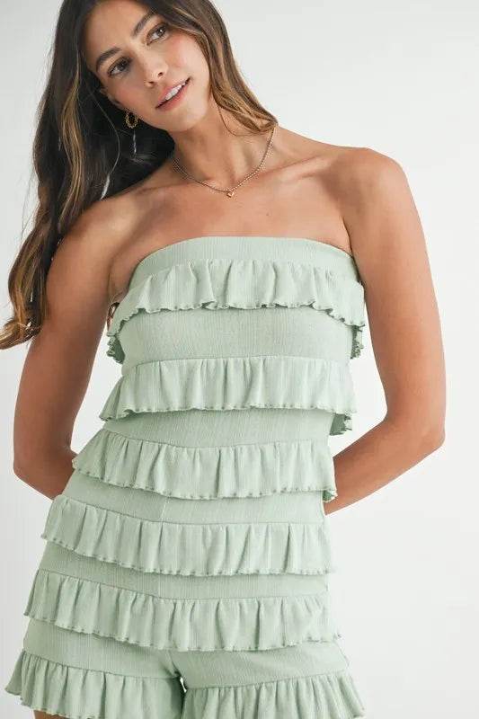MABLE Pointelle Knit Fabric Ruffled Tube Romper - Shop Style & More | Fresh Looks, Everyday Deals & Free Shipping