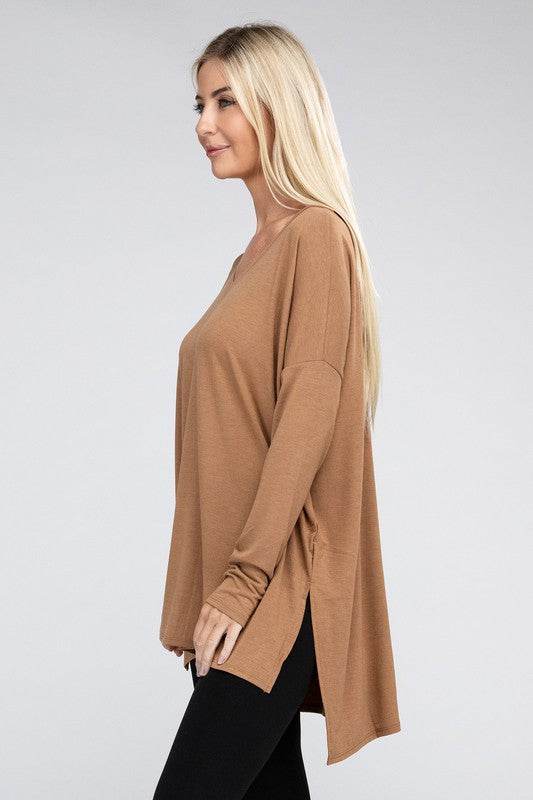 Dolman Long Sleeve V-Neck Side Slit Hi-Low Hem Top - Shop Style & More | Fresh Looks, Everyday Deals & Free Shipping
