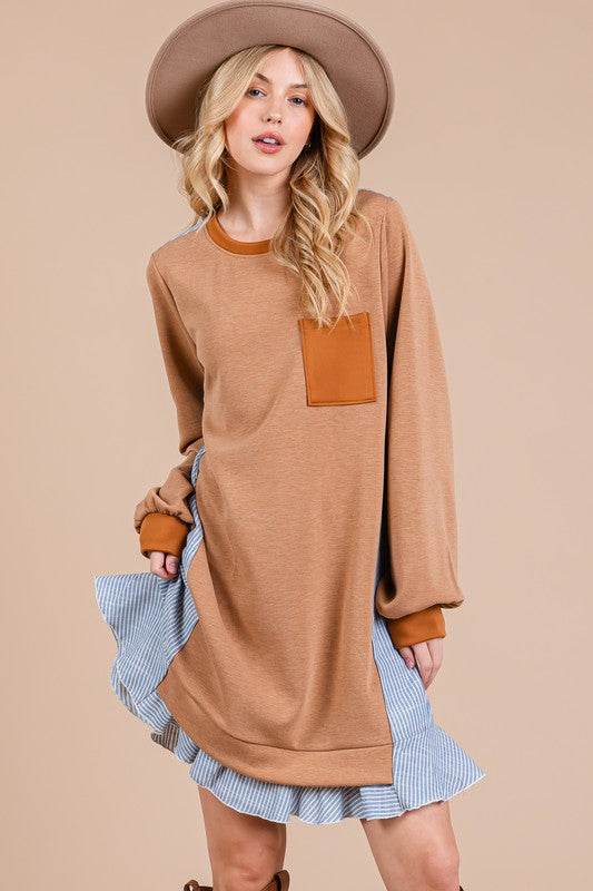 Ces Femme Striped Patchwork Round Neck Terry Sweatshirt Dress - Shop Style & More | Fresh Looks, Everyday Deals & Free Shipping